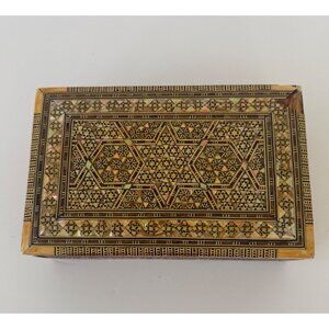 Vintage Middle Eastern Wooden Keepsake Box With Intricate Inlay & Red Velvet Lin